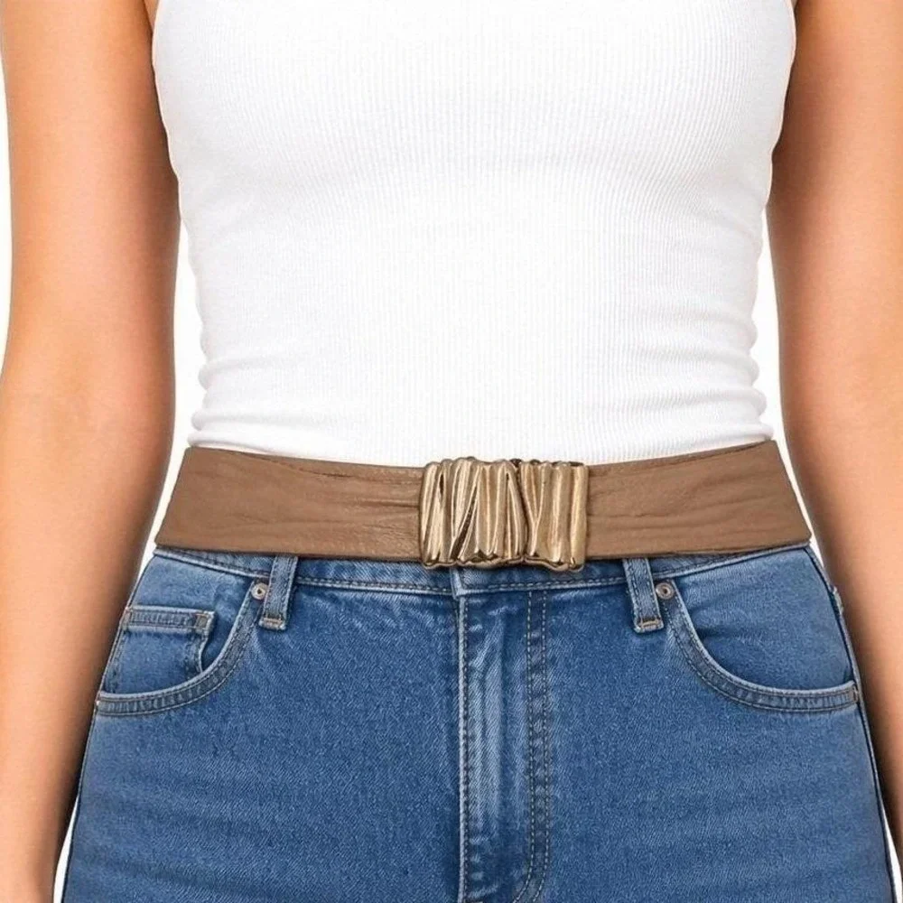 Leather Waist‎ Belt Womens Medium Tan Gold Sculptural Buckle Vintage Style